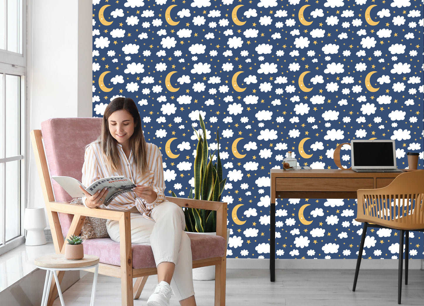 Wallpaper For Children - Stars, Clouds And Sleeping Moons