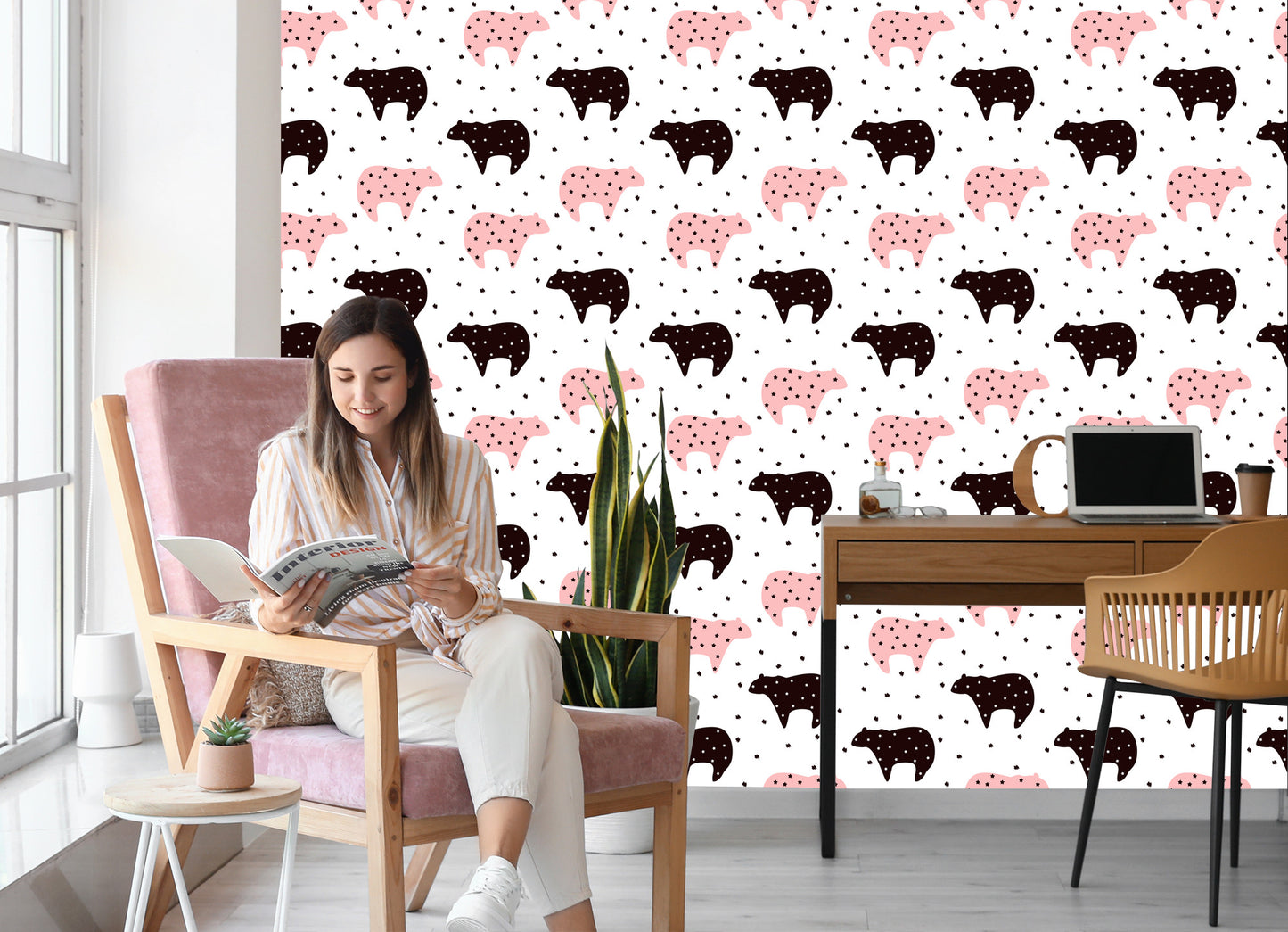 Wallpaper For Children - Black And Pink Teddy Bears And Stars