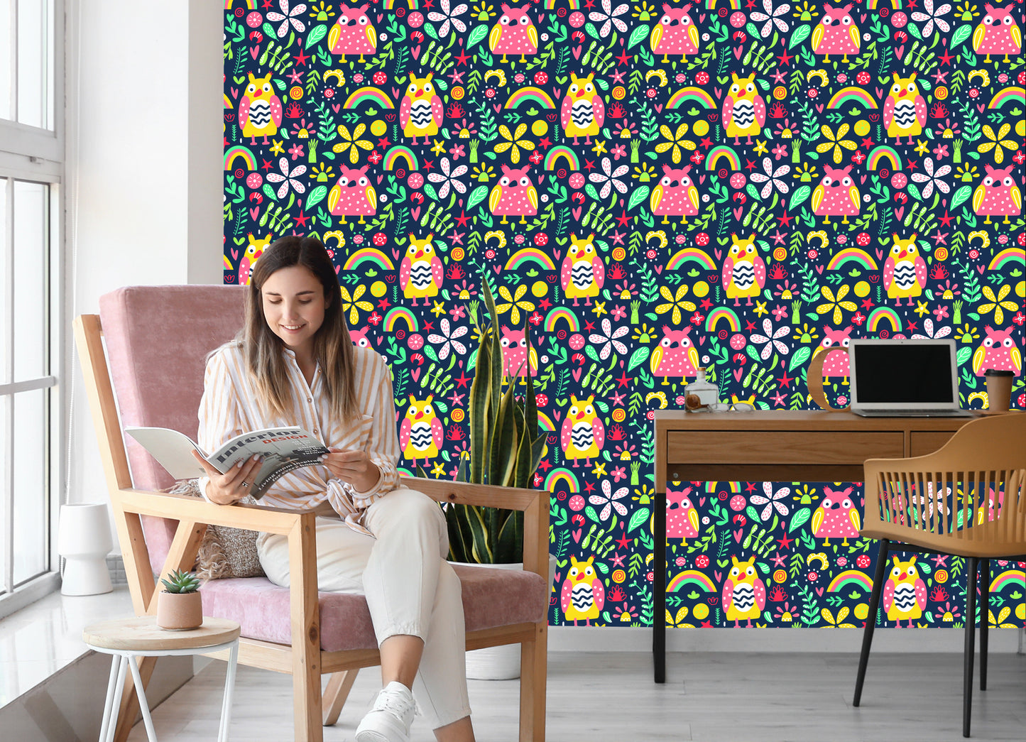 Wallpaper For Children - Colorful Owls And Flowers