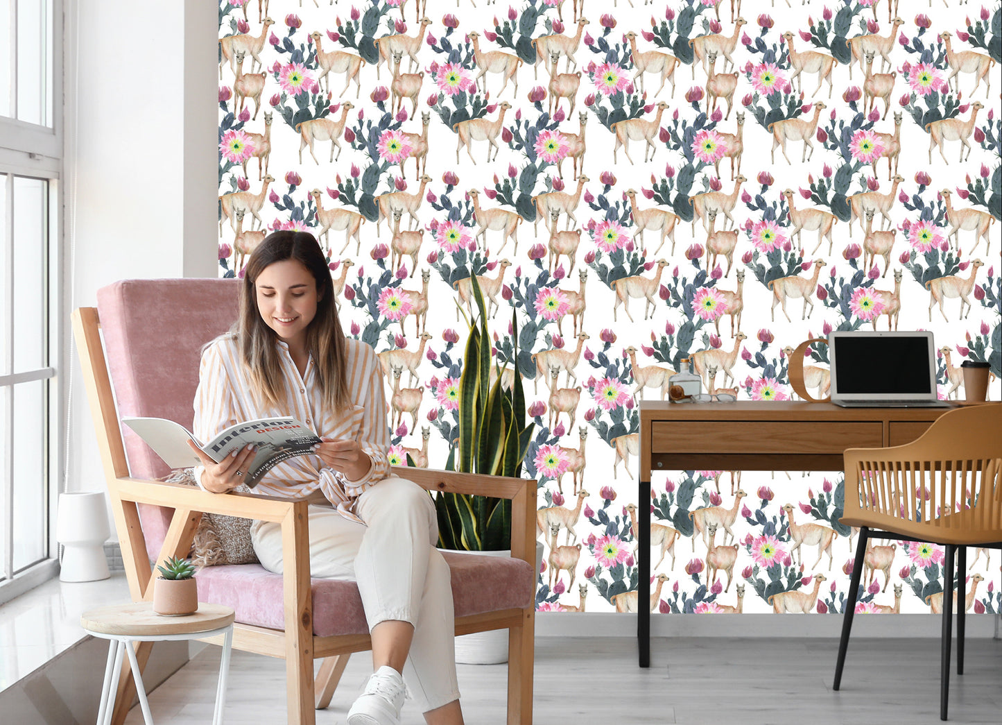 Wallpaper Alpaca Cacti And Flowers