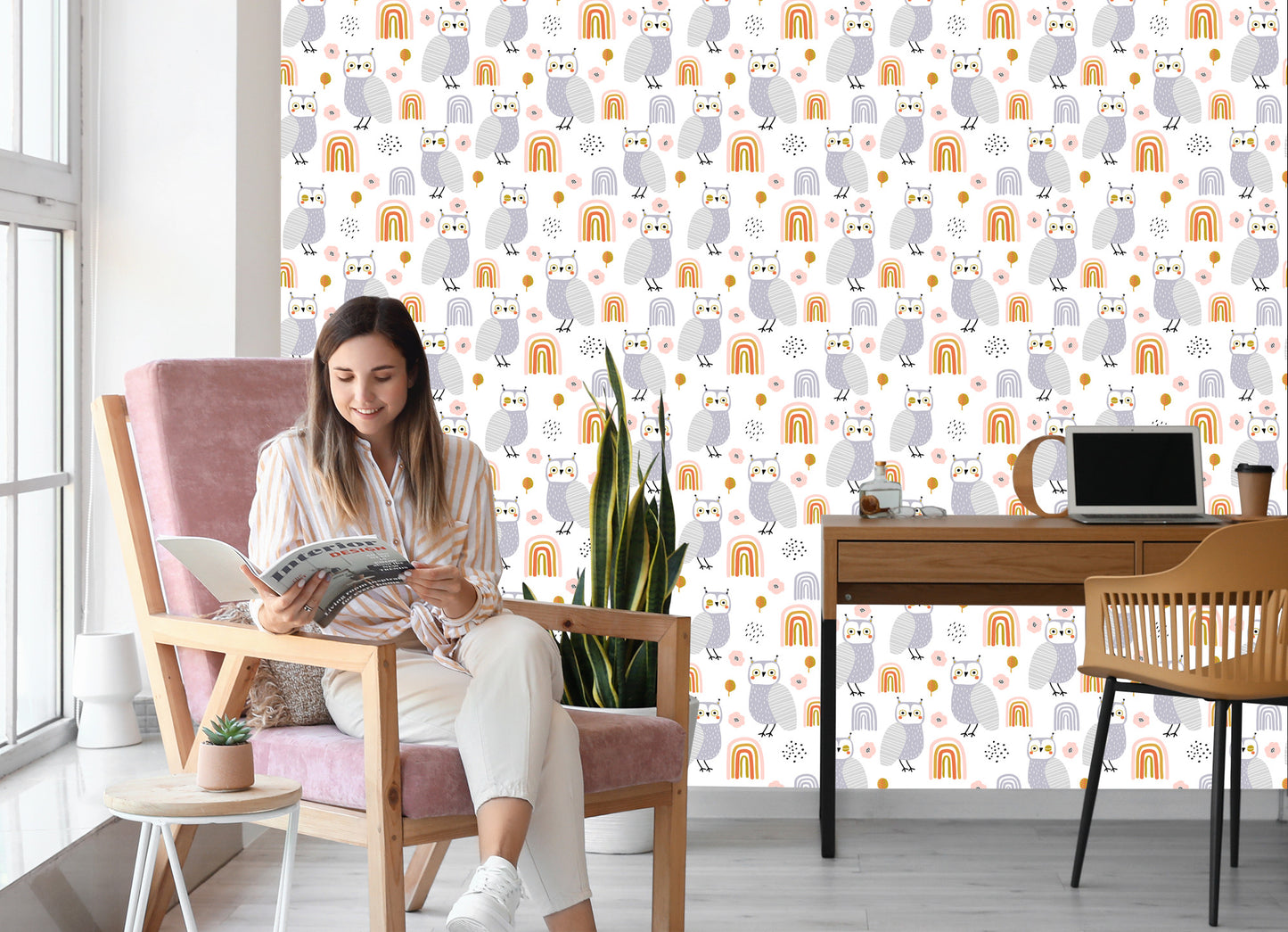 Wallpaper Owls Flowers Leaves