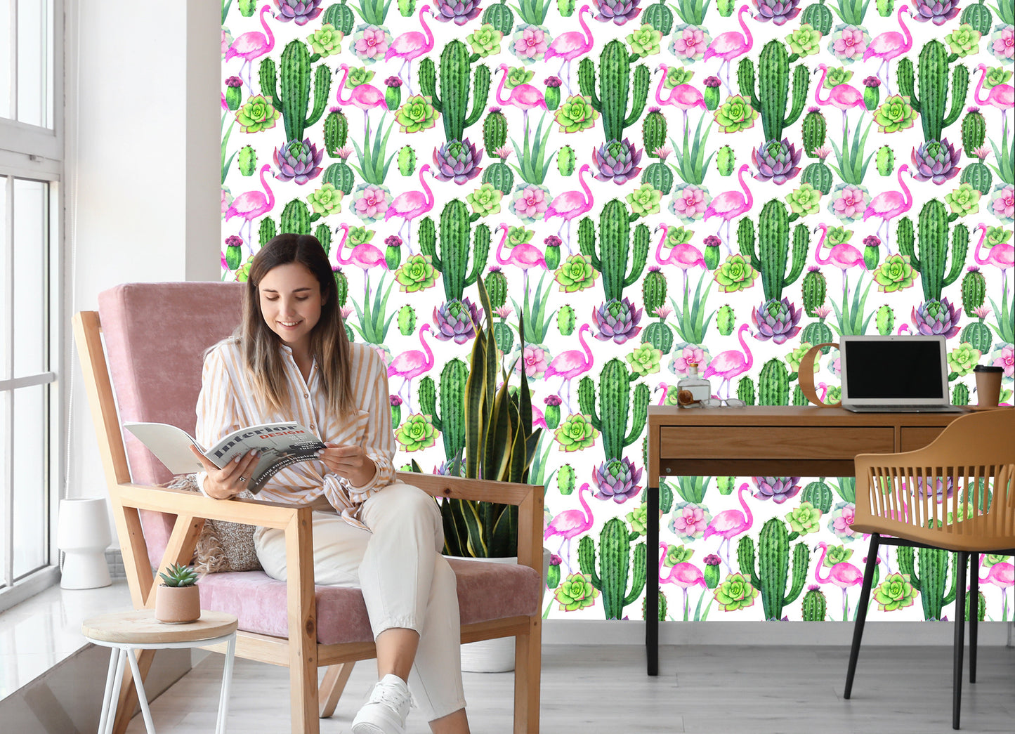 Wallpaper Tropical - Flamingos, Cacti And Succulents