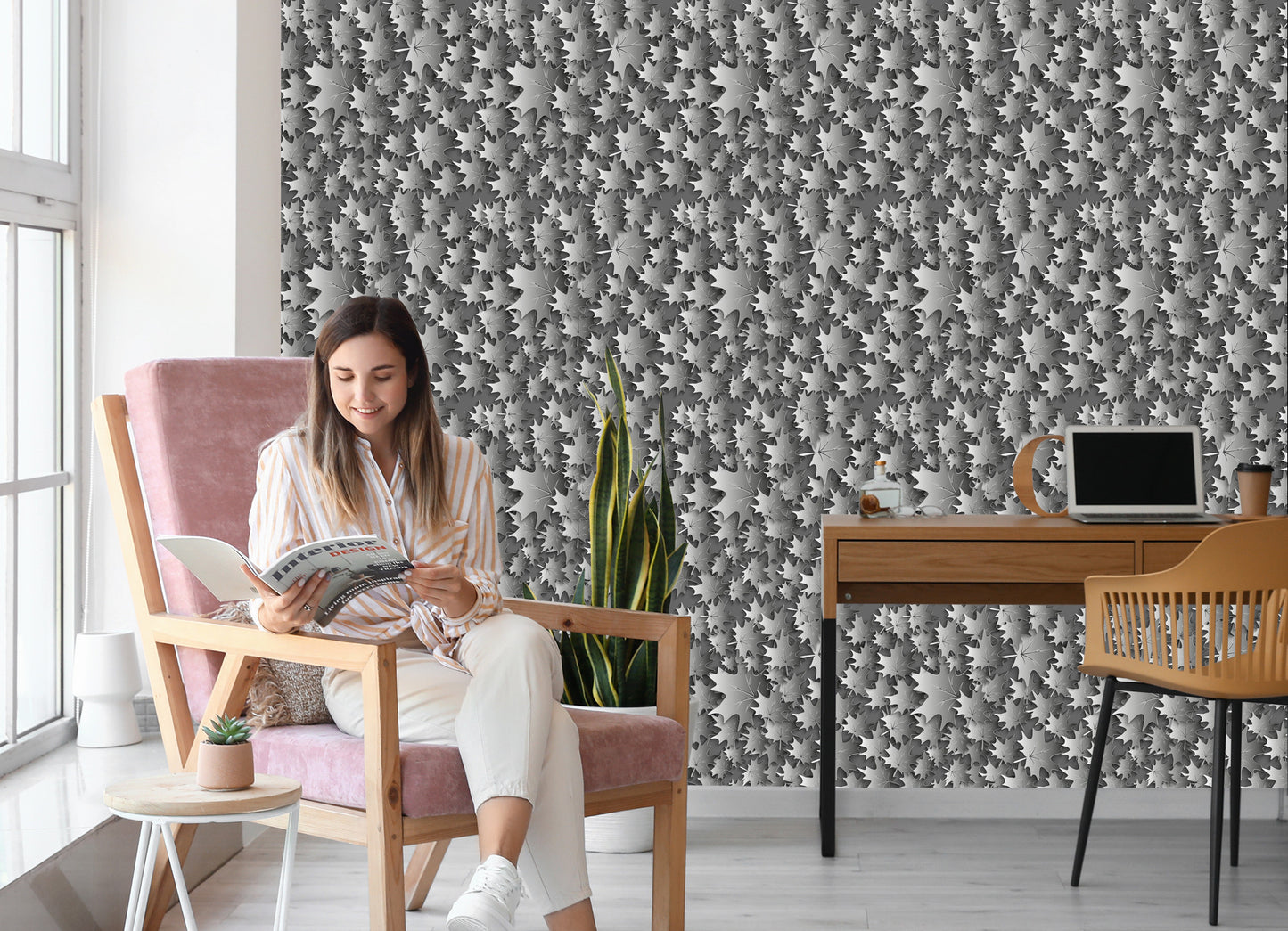 Wallpaper Leaves In Shades Of Gray 3D Effect
