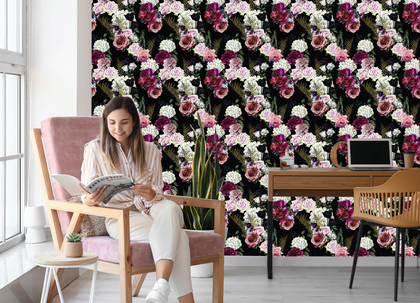 Wallpaper Roses Fern Leaves