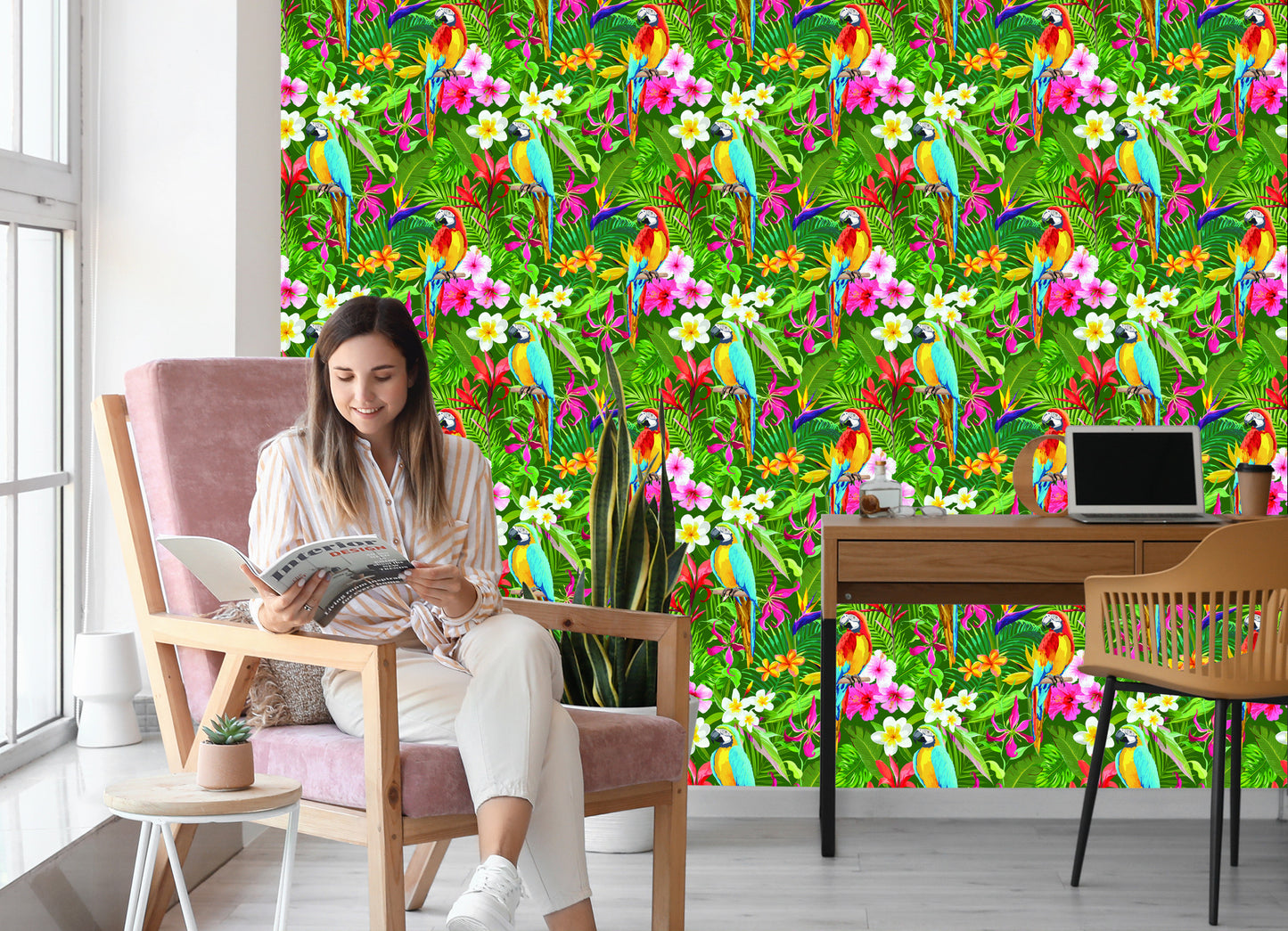 Wallpaper Parrots, Tropical Leaves And Flowers