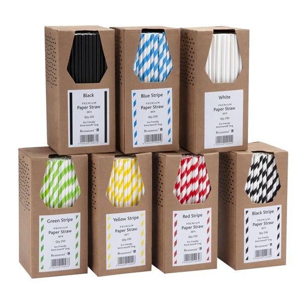 Beaumont Black & White Stripped Bore Paper Straw 8 Inch 6mm (250 Pack) cz911