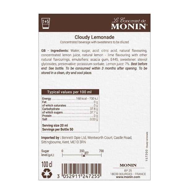 Monin Premium Cloudy Lemonade Concentrate 1Ltr fu454