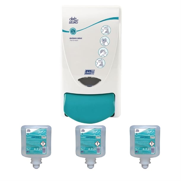 Deb Antibac Soap Dispenser and 3 Unperfumed Antibacterial Foam Hand Soaps 1Ltr sa455