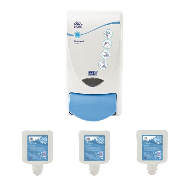 Deb Clear Foam Soap Dispenser and 3 Unperfumed Foam Hand Soaps 1Ltr sa456