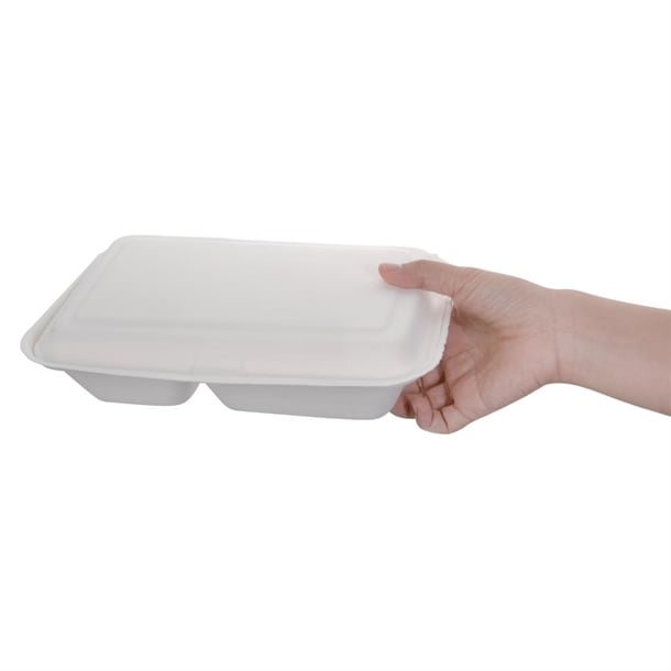 Fiesta Compostable Bagasse Hinged 2-Compartment Food Containers 253mm (200 Pack) fc524