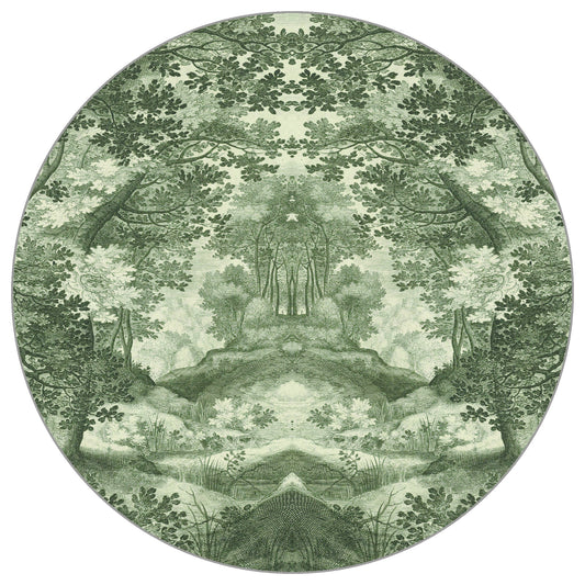 Circular Mural Into The Forest In Green