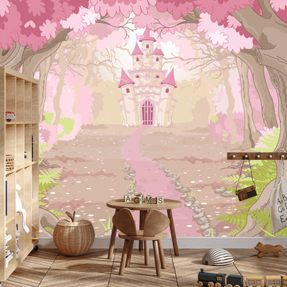 Photomural Castle In The Pink Forest