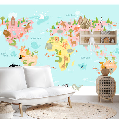 Photomural World Map With Animals