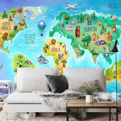 Photomural World Map With Fauna