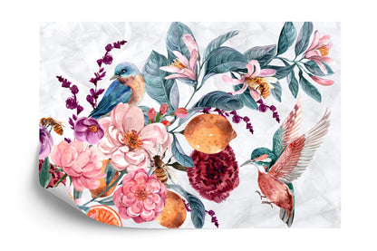 Photomural Watercolor Bird Among Colorful Flowers
