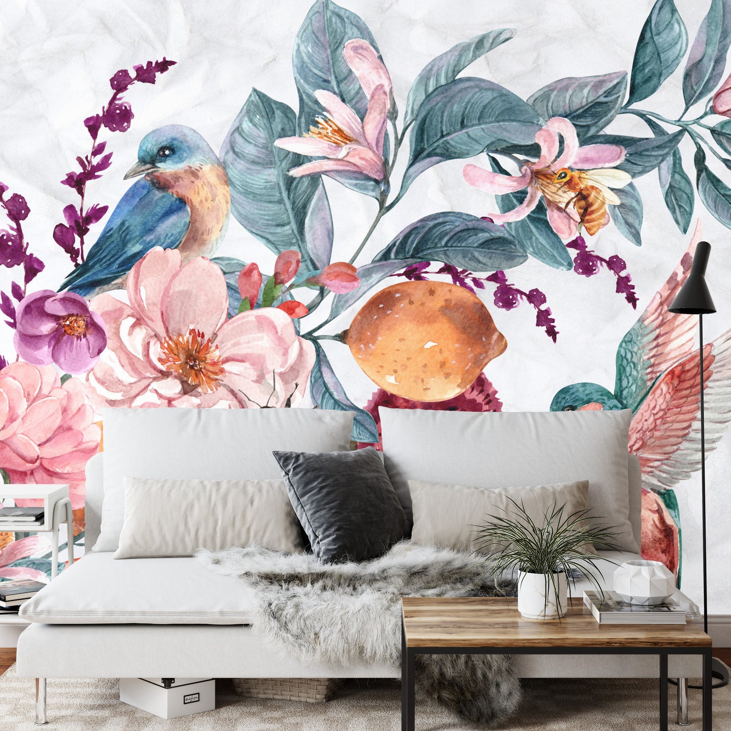 Photomural Watercolor Bird Among Colorful Flowers