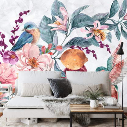 Photomural Watercolor Bird Among Colorful Flowers
