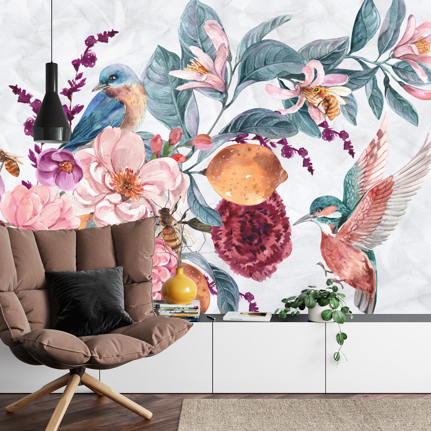 Photomural Watercolor Bird Among Colorful Flowers