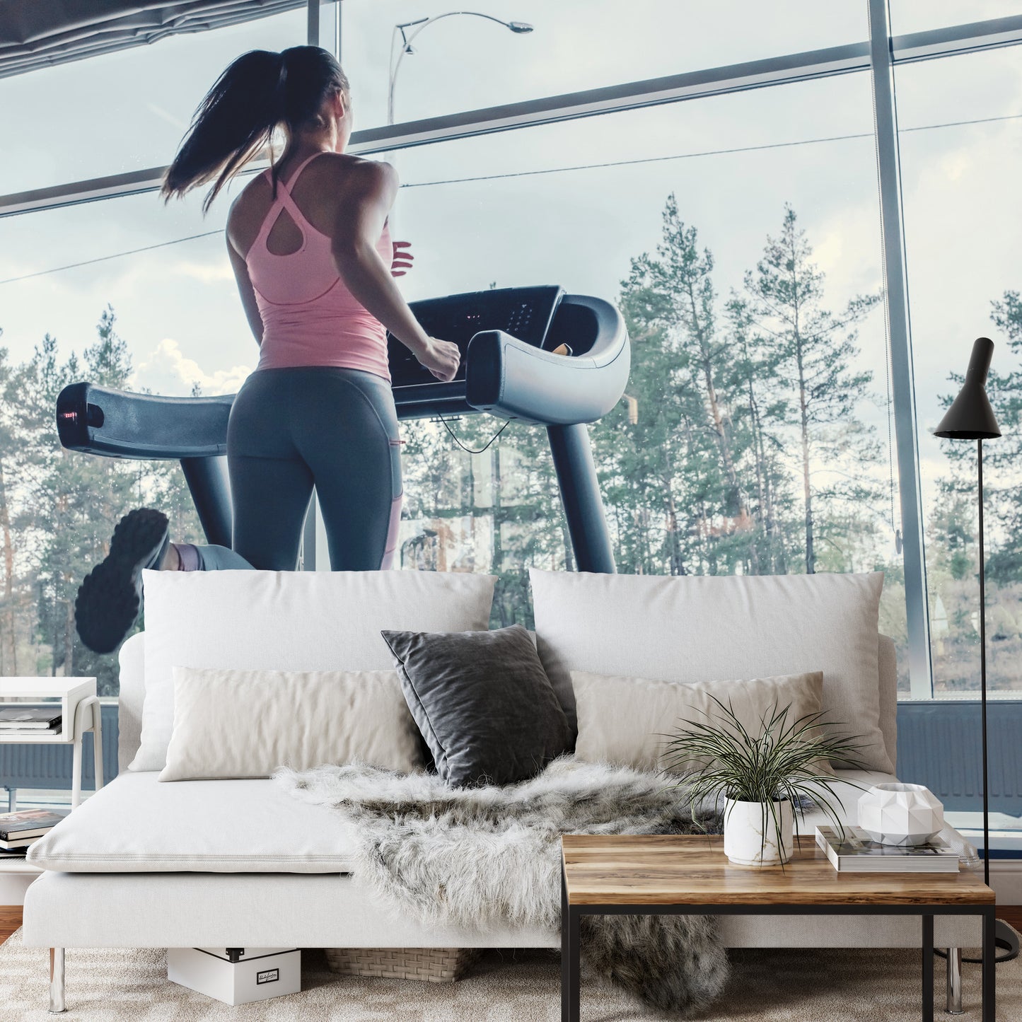 Photomural Woman On A Treadmill With The Landscape Outside The Window