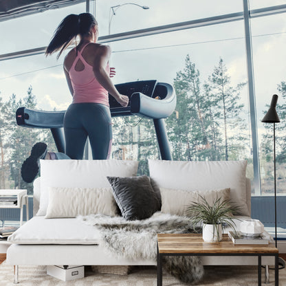 Photomural Woman On A Treadmill With The Landscape Outside The Window