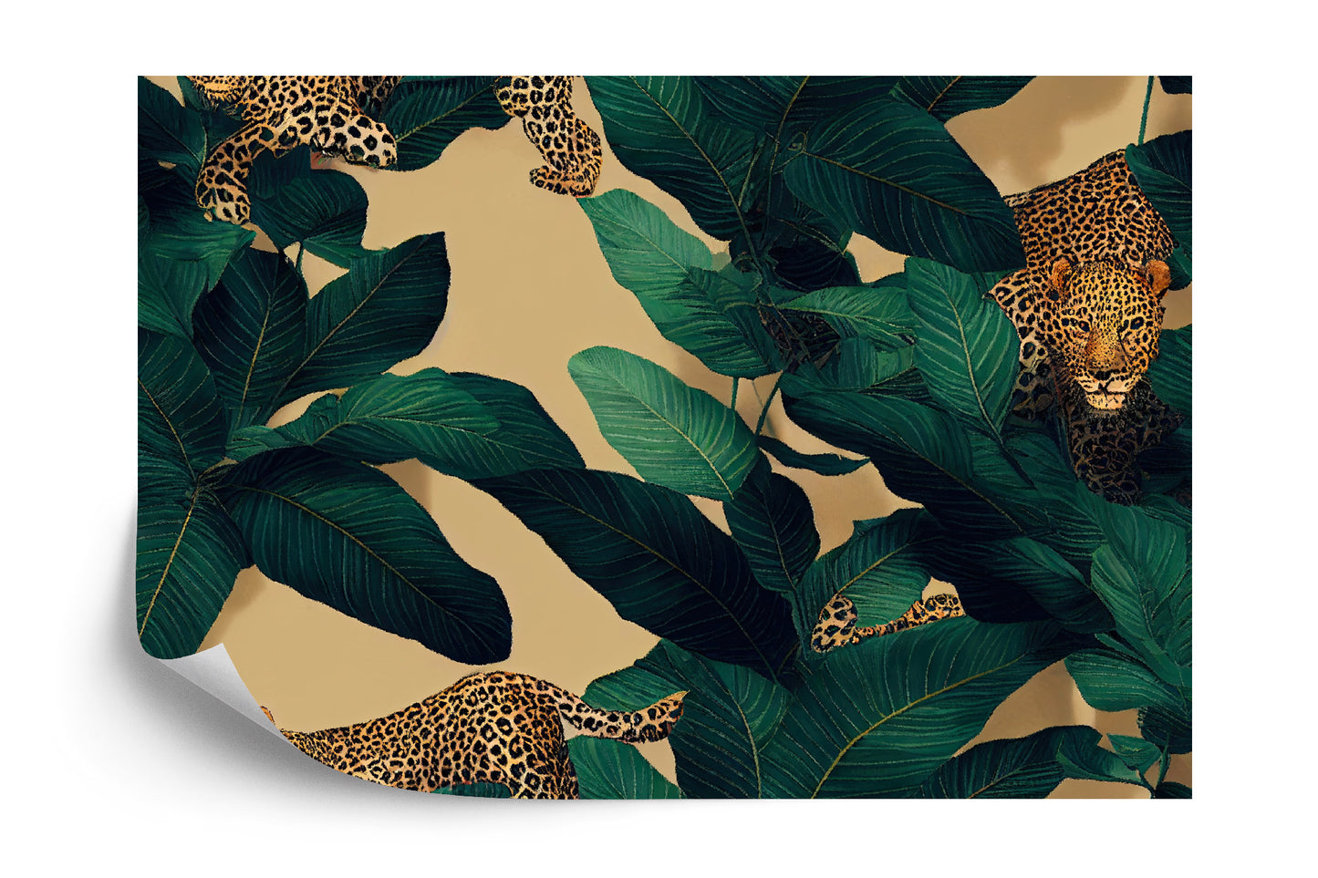 Photomural Seamless Tropical Pattern With Exotic Trees, Leopards, And Palm Leaves. Abstract Jungle Pattern With Leopards, Digital