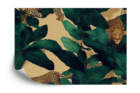 Photomural Seamless Tropical Pattern With Exotic Trees, Leopards, And Palm Leaves. Abstract Jungle Pattern With Leopards, Digital