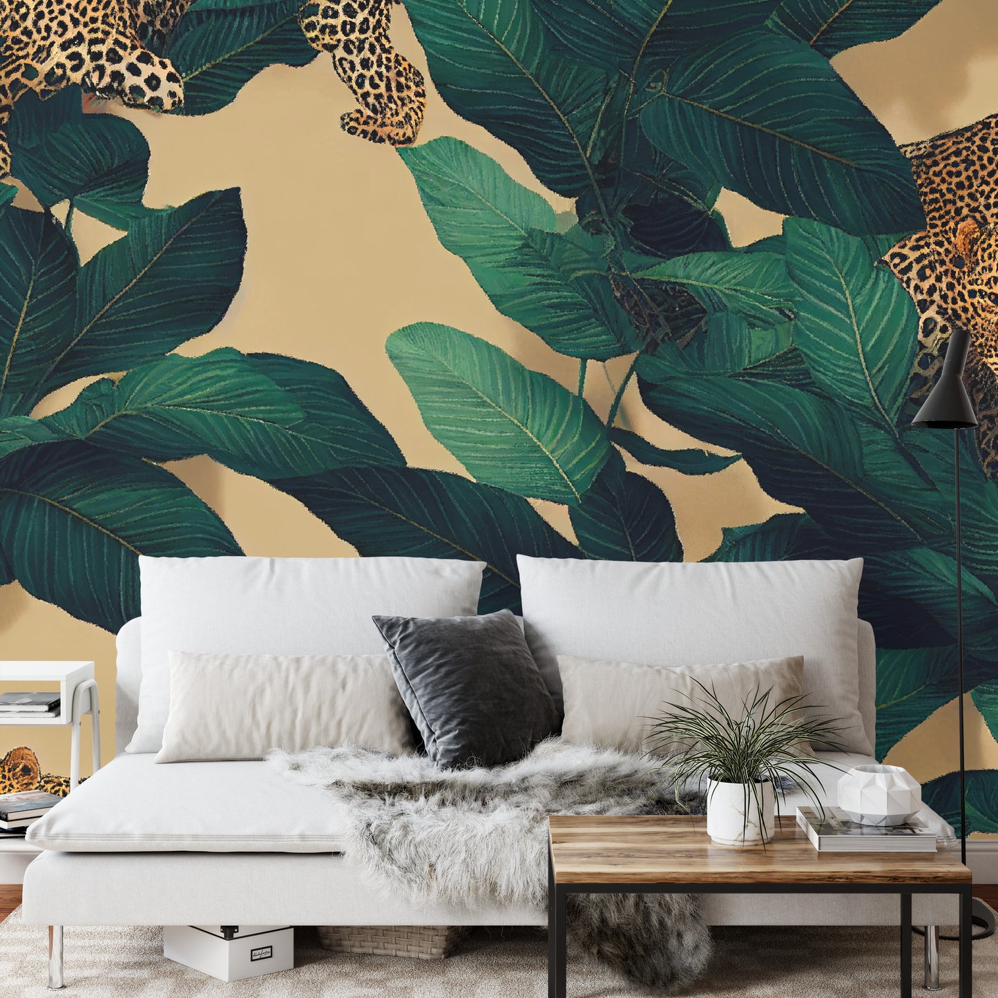 Photomural Seamless Tropical Pattern With Exotic Trees, Leopards, And Palm Leaves. Abstract Jungle Pattern With Leopards, Digital