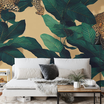 Photomural Seamless Tropical Pattern With Exotic Trees, Leopards, And Palm Leaves. Abstract Jungle Pattern With Leopards, Digital