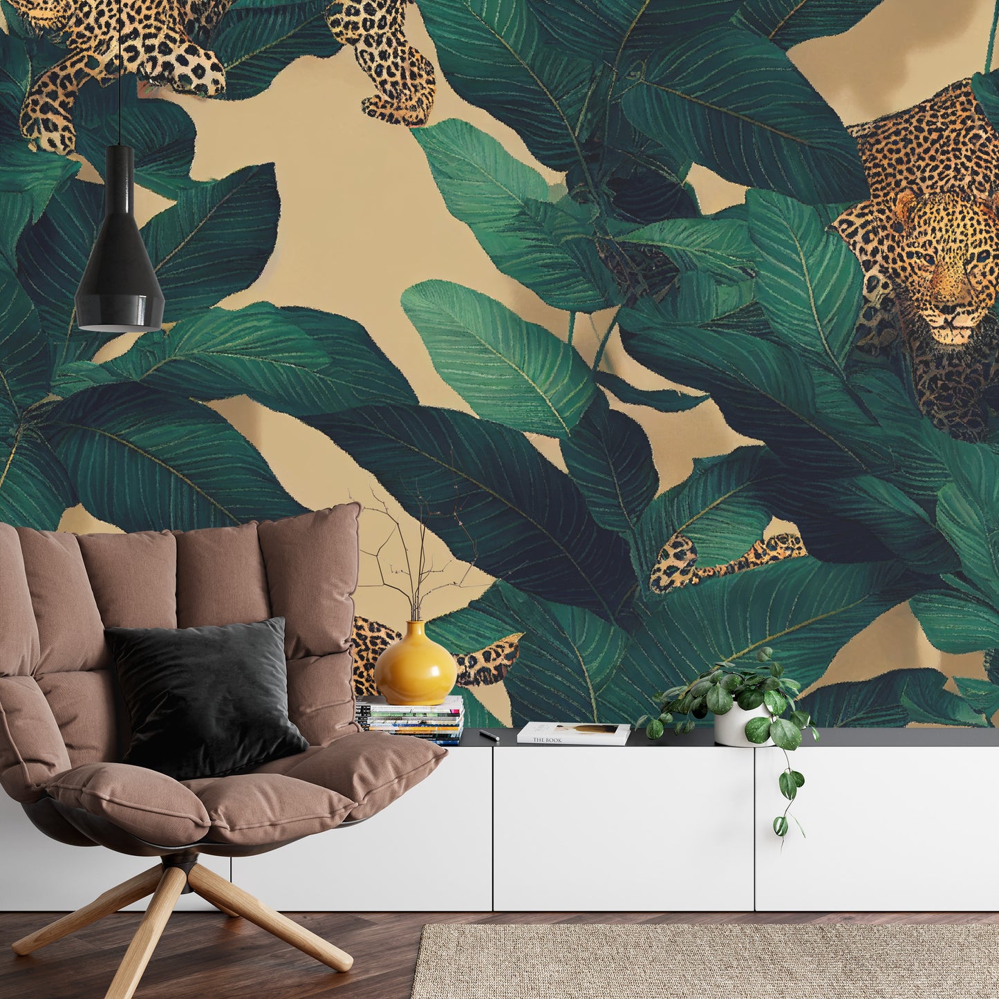 Photomural Seamless Tropical Pattern With Exotic Trees, Leopards, And Palm Leaves. Abstract Jungle Pattern With Leopards, Digital
