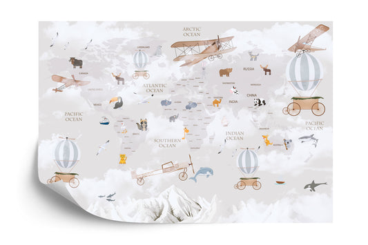 Photomural Animals World Map For Kids Wallpaper Design