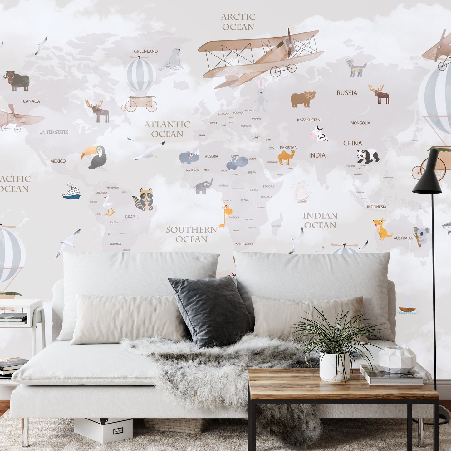 Photomural Animals World Map For Kids Wallpaper Design