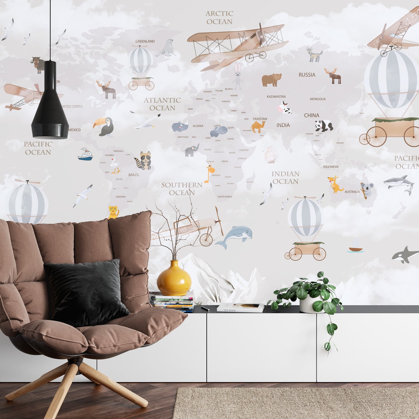 Photomural Animals World Map For Kids Wallpaper Design