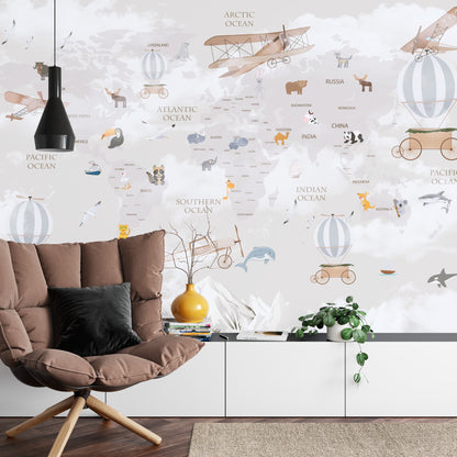 Photomural Animals World Map For Kids Wallpaper Design