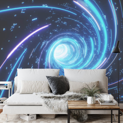 Photomural Flying Inside Digital Data Tunnel. Futuristic Abstract Background With Neon Rays. Concept For Big Data, Blockchain, Cryptocurreny, Internet, Hyperspace And Space Travel. 4K 3D Render