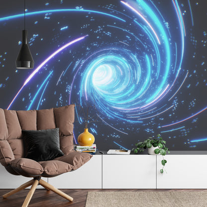 Photomural Flying Inside Digital Data Tunnel. Futuristic Abstract Background With Neon Rays. Concept For Big Data, Blockchain, Cryptocurreny, Internet, Hyperspace And Space Travel. 4K 3D Render
