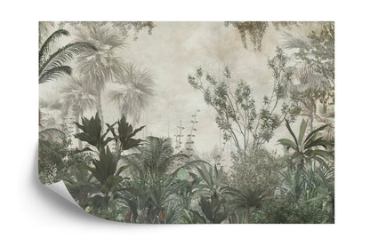 Photomural Tropical Trees And Leaves Wallpaper Design In Foggy Forest - 3D