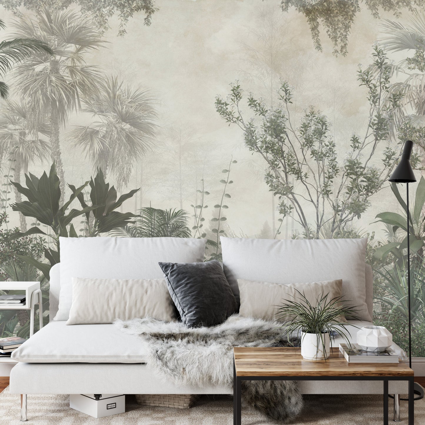 Photomural Tropical Trees And Leaves Wallpaper Design In Foggy Forest - 3D