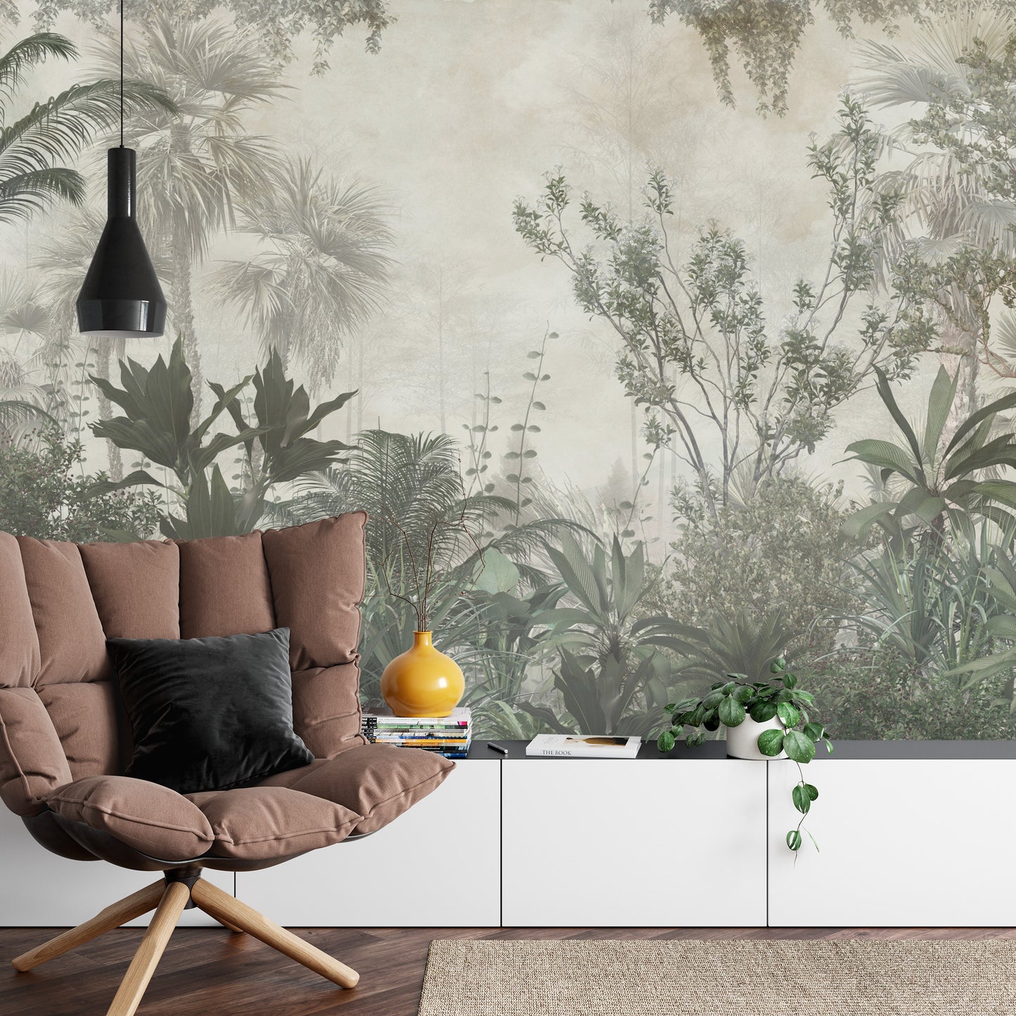Photomural Tropical Trees And Leaves Wallpaper Design In Foggy Forest - 3D