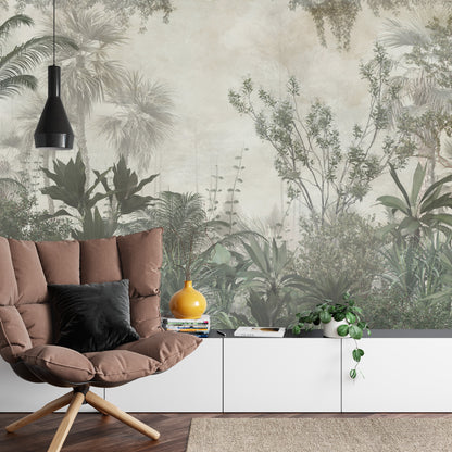 Photomural Tropical Trees And Leaves Wallpaper Design In Foggy Forest - 3D