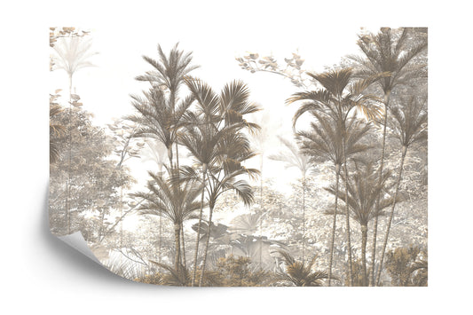 Photomural Tropical Trees And Leaves Wallpaper Design In Foggy Forest - 3D