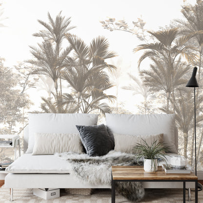 Photomural Tropical Trees And Leaves Wallpaper Design In Foggy Forest - 3D