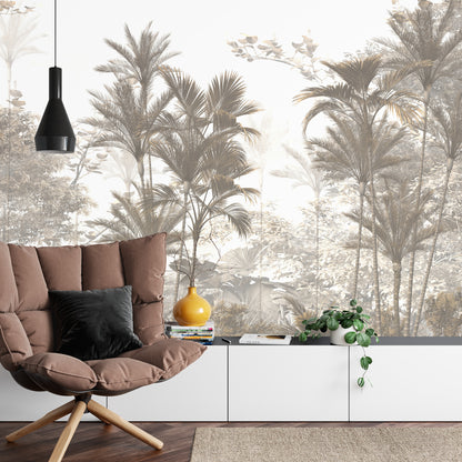 Photomural Tropical Trees And Leaves Wallpaper Design In Foggy Forest - 3D