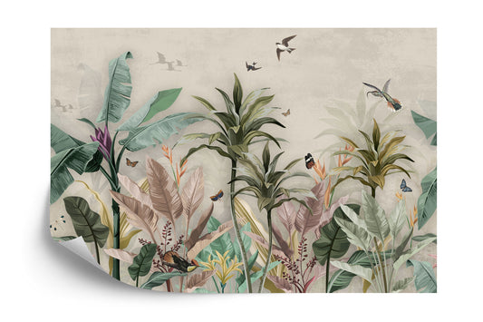 Photomural Wallpaper Palm Tropical Forest Vintage Jungle Pattern With Birds