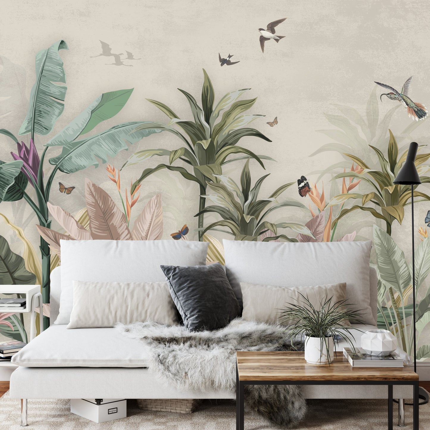 Photomural Wallpaper Palm Tropical Forest Vintage Jungle Pattern With Birds