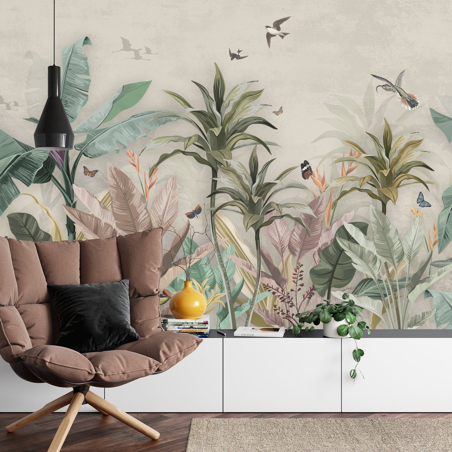 Photomural Wallpaper Palm Tropical Forest Vintage Jungle Pattern With Birds