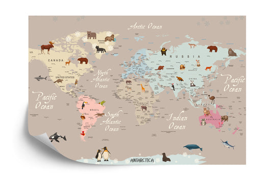 Photomural Animals World Map For Kids Wallpaper Design