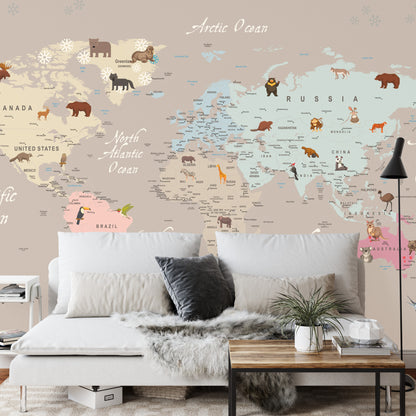 Photomural Animals World Map For Kids Wallpaper Design