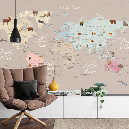 Photomural Animals World Map For Kids Wallpaper Design