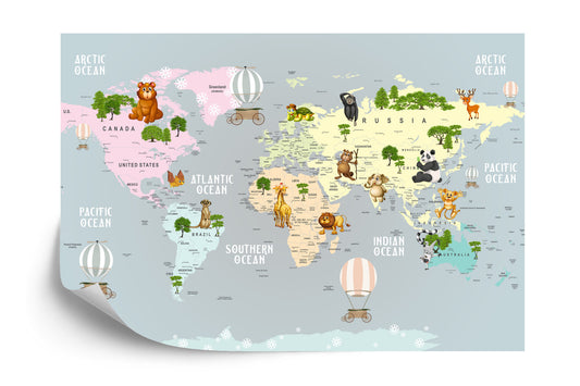 Photomural Animals World Map For Kids Wallpaper Design