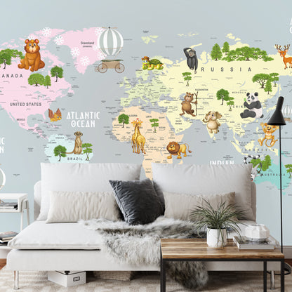 Photomural Animals World Map For Kids Wallpaper Design